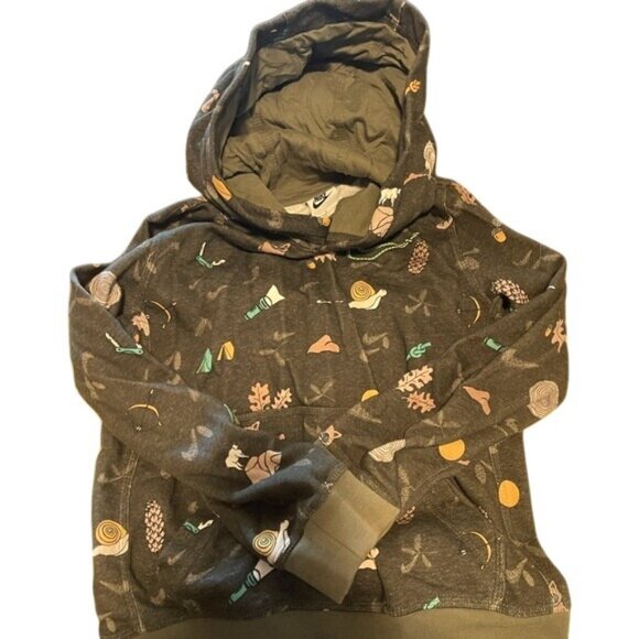 Nike Kids Forest Print Hoodie With Raccoon & Camping Design Size S Olive Green C - Picture 1 of 4